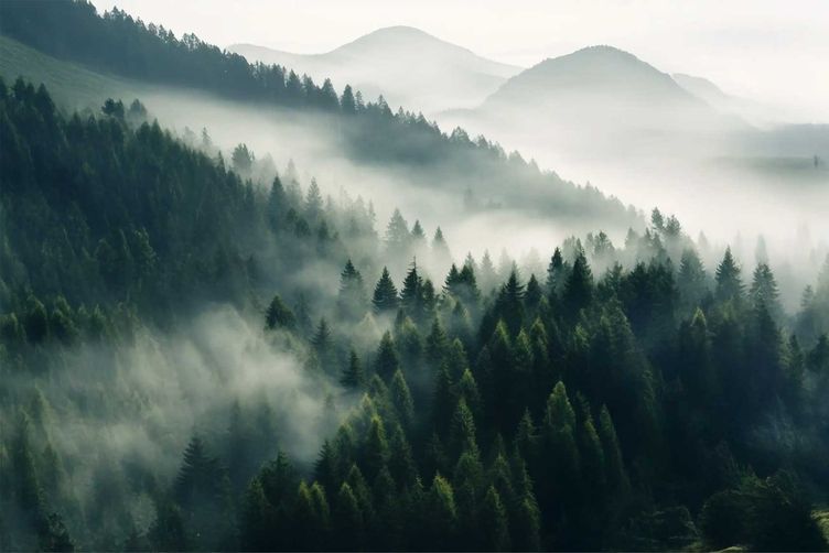 Nadelwald mit aufsteigendem Nebel